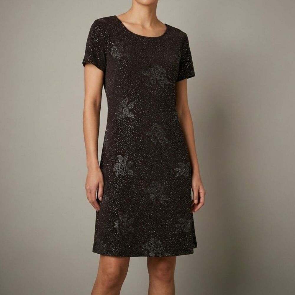 Vintage Maggy London Dark Brown Rose Rhinestone Short Sleeve Dress size Medium